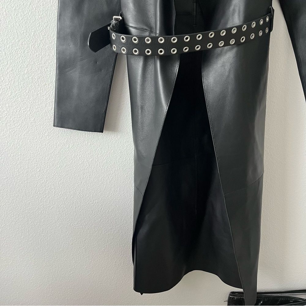 All Saints Farren Leather Belted Long Black Trench Coat Goth Grunge Moto 6 NEW - Picture 7 of 16